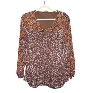 Cato Brown Floral and Leopard Print Blouse